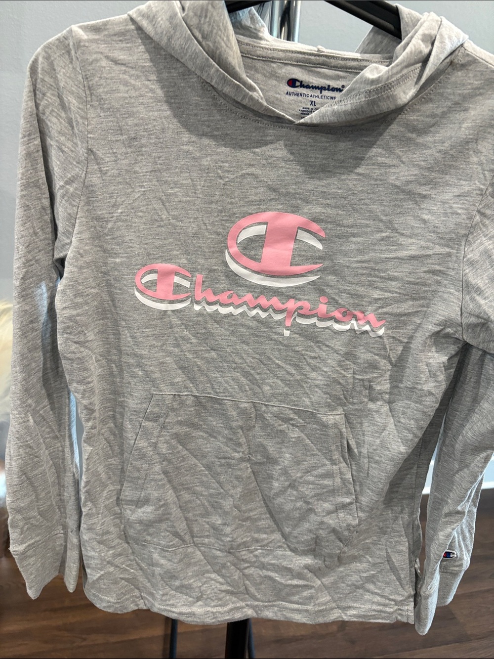 Champion Light Gray Kids Hoodie with Pink Logo